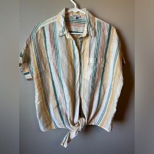 Madewell Linen Short-Sleeve Tie-Front Shirt in Pineapple Stripe